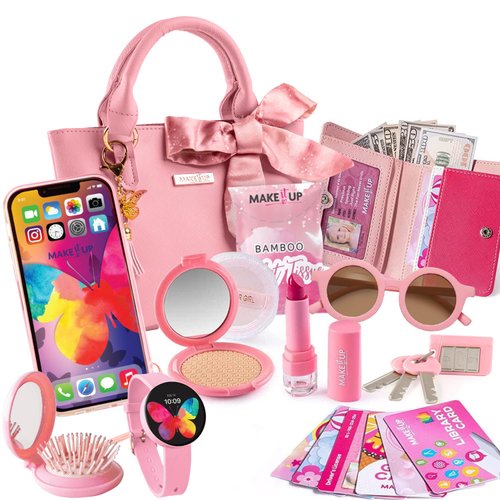 Princess Pretend Play Girls Purse & Toddler Girl Toys Make Up Set I Kids Purse & Fake Makeup Toys I Little Girl Purse with Accessories Phone, Wallet, Play Makeup & More I Toys for 3+ Year Old Girls