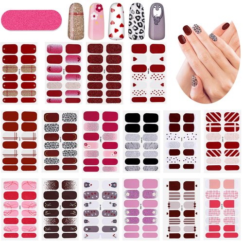 224 Pieces 16 Sheets Valentine Nail Stickers Polish Strips Full Wraps Nail Stickers Heart Self Adhesive Nail Decals Tips with Nail File, Nail Art Stencil Strip Manicure Accessories for Women Girl