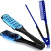 CHENGU Hair Straightening Comb, 2 Pcs Boar Bristles Clamp Double Sided Brush & V Shaped Styling Hair Comb, for Straightening Knotty Unkempt Hair (Blue, Black)