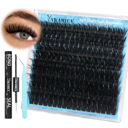 Yawamica Fluffy Lash Clusters Kit 150D Volume Cluster Eyelash Extensions 12-20mm Wispy Individual Lashes Kit D Curl Lash Extension Kit Thick Long Eyelash Clusters with Bond and Seal Lash Tweezers