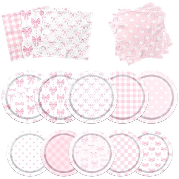 Bow Party Decorations Tableware,60pcs Pink Bow Plates and Napkins Disposable Bow Paper Plates and Bow Napkins Pink Bow Party Decorations for Girl Coquette Birthday Baby Shower Decorations