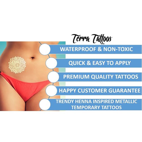 Terra Tattoos White Henna Temporary Tattoos 75+ Mandala Tattoos Flowers, Mandalas, Elephants & more! Waterproof Nontoxic Long Lasting Perfect for Beach, Festivals, & Parties