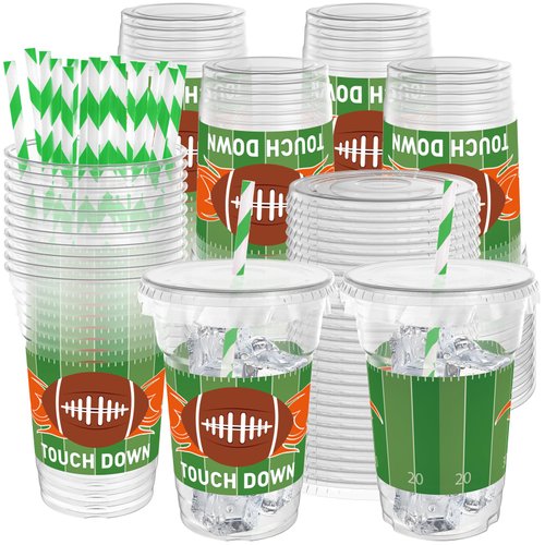 Cecnamt 50 Pcs Football Plastic Cups, 12 Oz Football Disposable Cups with Straws and Lids, Football Party Supplies Tableware Drink Cup for Football Birthday Party Decoration Football Party Favors