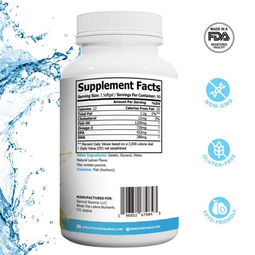 Sprout Source Sea-Harvested Pelagic Omega 3 Fish Oil 1200 mg, 90-Day Supply, High Potency EPA DHA Fatty Acids, Lemon Flavor Omega 3 Softgels for Heart, Eyes and Joint Health - Non-GMO - 90 Count