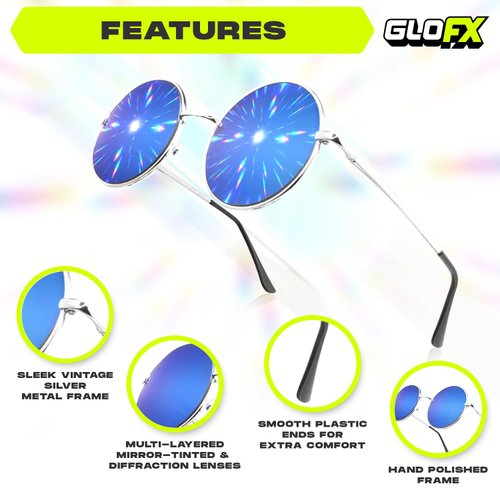 GloFX Diffraction Glasses | Hippie Style Metal Frames with Blue Mirror Lens | 3D Prism Rainbow Effect | Great Edm, Concert, Party, Music Festival and Rave Accessory