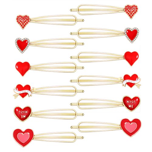 12PCS Valentine's Day Heart Hair Clips Rhinestone Enamel Heart Bobby Pins Red Kiss Me Love Heart Hairpins Sweet Lovely Heart Hair Barrettes Set for Women Girls Styling Hair Accessory