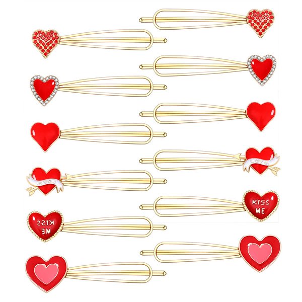 12PCS Valentine's Day Heart Hair Clips Rhinestone Enamel Heart Bobby Pins Red Kiss Me Love Heart Hairpins Sweet Lovely Heart Hair Barrettes Set for Women Girls Styling Hair Accessory