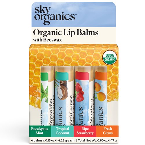 Sky Organics - Organic Lip Balm Set (4-Pack) - Organic Beeswax, Botanical Oils & Extracts - Vitamin E & Organic Natural Flavors - Beauty Gift Set - All Skin Types & Cruelty Free - Lip Care & Self Care