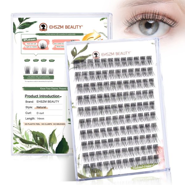 Ehszm Beauty Upgraded,Wispy Lash Clusters 14mm D Curl Only,Eyelash Clusters Natural,Ultra-Soft Individual Lashes,Empowered by New Softening Factor.No Plastic Feel,New Comfort - Natural Style
