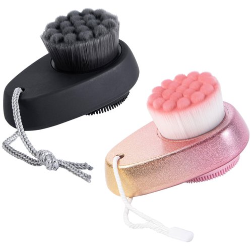 2 Pack Facial Cleansing Brush 2 in 1 for Face Exfoliation, Beomeen Soft Bamboo Charcoal Microfiber Bristle Dual Face Silicone Scrubber Brush for Pore Deep Cleansing Skincare with Lid, Black+Gradient
