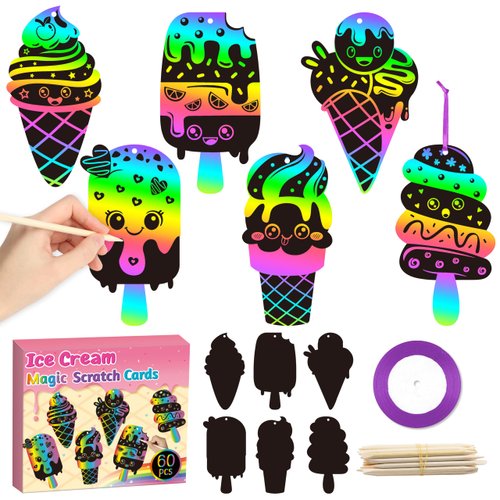 CY2SIDE Ice Cream Scratch Cards - 60PCS Summer Sweet Candy Ornament Scratch Crafts Card Gift Set for Kids Cones Magic Art Rainbow Color Craft Scratch Kit for Kids Birthday Party Favors School Activity