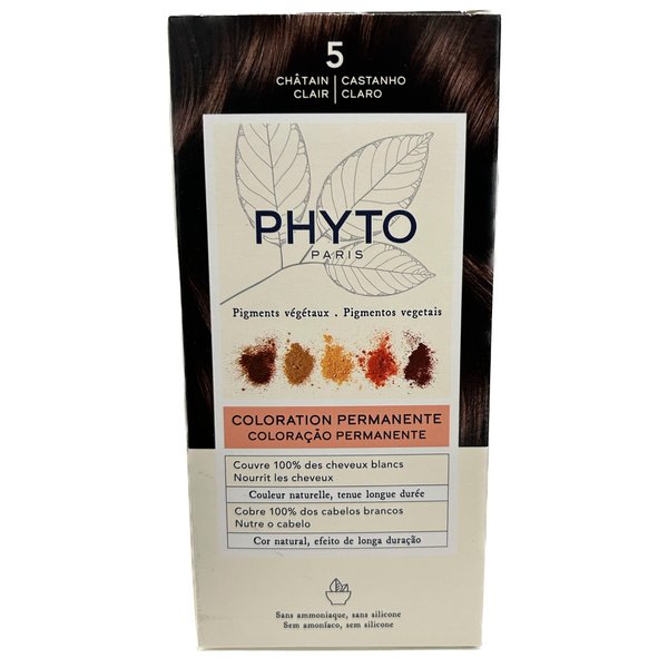 PHYTO Phytocolor Permanent Hair Color, 5 Light Brown, with Botanical Pigments, 100% Grey Hair Coverage, Ammonia-free, PPD-free, Resorcin-free, 0.42 oz.