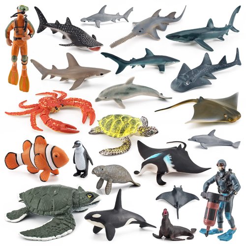 BRETOYIN 22PCS Jumbo Sea Creatures Toys Scuba Diver Toy Set for Kids Whale Toy Figure Sea Turtle Figurine Toys Model Sea Ainimals Shark Toys Boy Birthday Gift