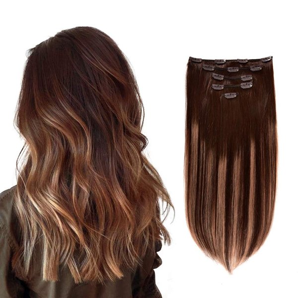 5 Pieces 18" Remy Clip in Hair Extensions Human Hair Chocolate Brown to Honey Blonde Highlight Brown Ombre - Silky Straight Short Thick Real Hair Extensions for Women (18 inches, (4T27) P4, 90grams)