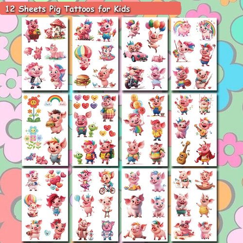 Hohamn Pig Temporary Tattoos for Kids 12 Sheets Cute Piggy Fake Tattoos for Girls Boys Kids Birthday Party Supplies Gifts Decoration