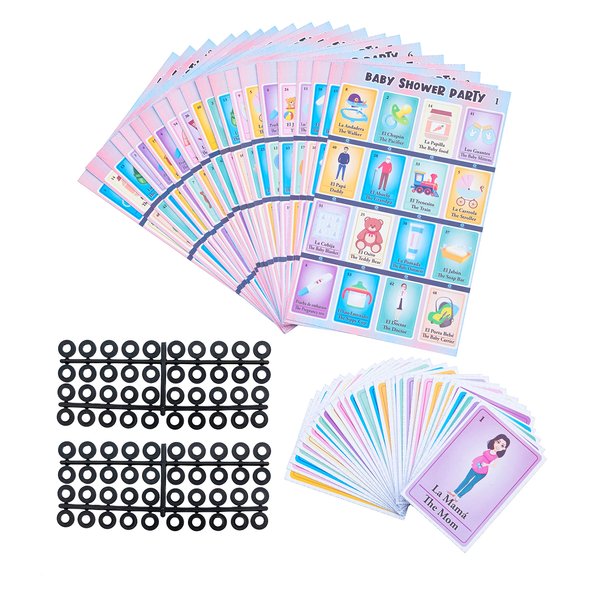 Baby Shower Bingo Kit - Bilingual English Spanish, for 20 Players - Includes 1 Deck of Cards and Boards - with 240 Markers - for The Entire Family - Great for Learning Spanish.