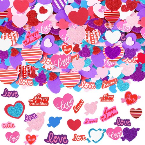JULBEAR 300 Pcs Valentine's Day Heart Foam Stickers Glitter Self-Adhesive Colorful Mixed Foam Stickers for Kids Party Valentine's Day Wedding Mother's Day DIY Crafts Favor Supplies Home Decorations