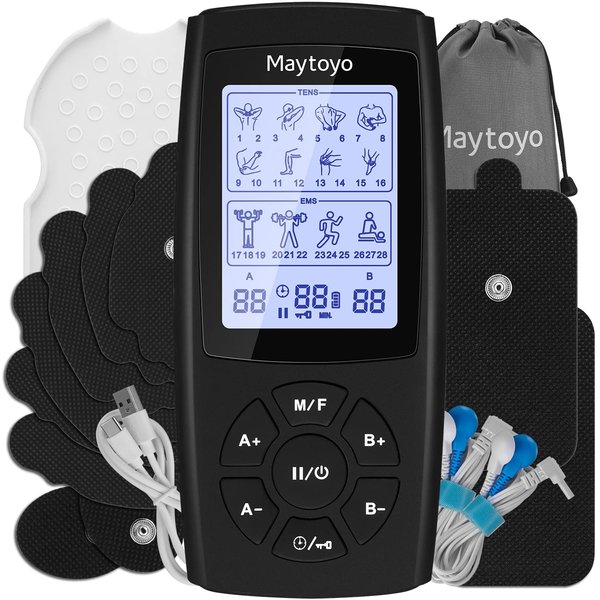 Maytoyo TENS EMS Unit 28 Mode 40 Intensity Muscle Stimulator for Pain Relief Therapy, Dual Channel Rechargeable TENS Machine