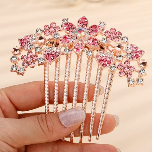 Missgrace Boho Shiny Flower Floral Hair Combs Blue Pink Purple Bridal Wedding Hair Crystal Rhinestones Women Hair Side Combs Hair Accessories for Women (Pink)