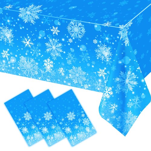 3 pcs Christmas Winter Snowflake Plastic Frozen Tablecloth Decorations, Blue and White Snowflake Winter Wonderland Disposable Table Cover for Frozen Birthday Party Supplies Decorations, 54 x 108 Inch