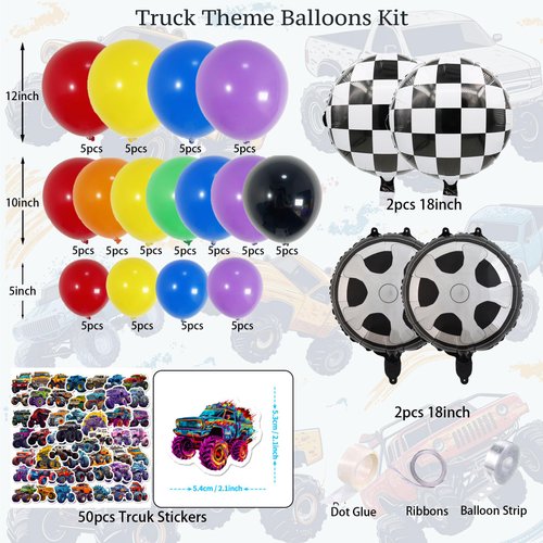 Monster Truck Theme party supplies 85Pcs semi truck Racecar Balloon Garland Set with Birthday Backdrop & Checkered Tablecloth | Perfect for toddler Boys Birthday Grave-themed monster truck decorations