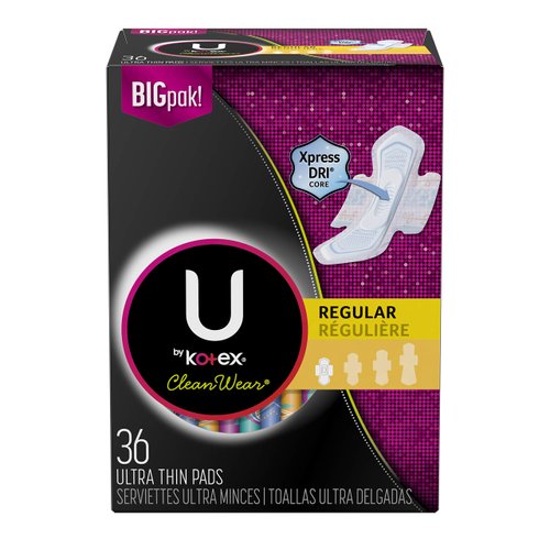 U by Kotex CleanWear Ultra Thin Feminine Pads with Wings, Regular, Unscented, 36 Count (Pack of 3)