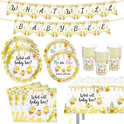 122pcs What Will It Bee Gender Reveal Decorations Bumble Gender Reveal Party Supplies Paper Disposable He or She Plates Napkins Banner Tablecloth Honeycomb Tableware Set for 24 guests