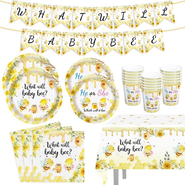 122pcs What Will It Bee Gender Reveal Decorations Bumble Gender Reveal Party Supplies Paper Disposable He or She Plates Napkins Banner Tablecloth Honeycomb Tableware Set for 24 guests