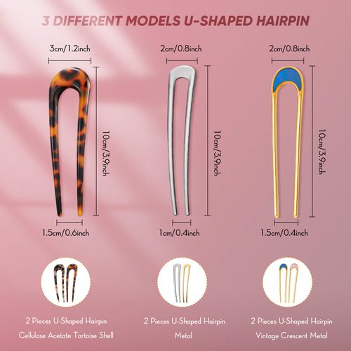 Chuangdi 6 Pcs U Shaped Hairpin French Hair Pin French Hair Pin Tortoise Hair Pin Shell Fork Sticks 2 Prongs Updo Chignon Pins for Women Hair Styling Accessories
