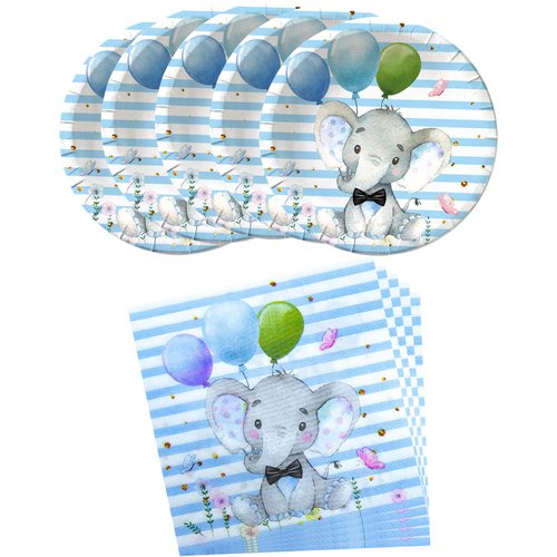 Elephant Baby Shower, Blue Elephant Birthday Party Supplies, 20 Plates and 20 Napkins, Elephant Theme Birthday Party Decoration for Boy