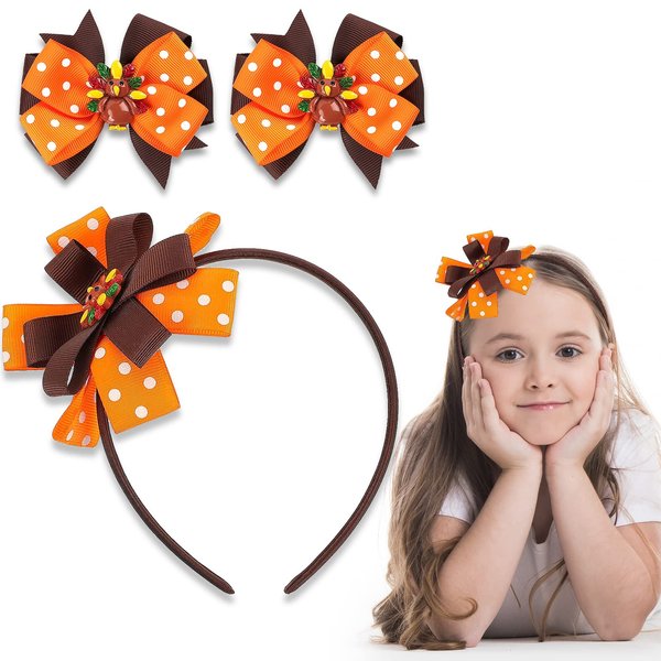 QLINLEAF 1 Set Thanksgiving Turkey Headband and Hair Clips Headwear Set with Bow Polka Dot for Girls Children Fall Orange Christmas Halloween Thanksgiving Hair Accessories