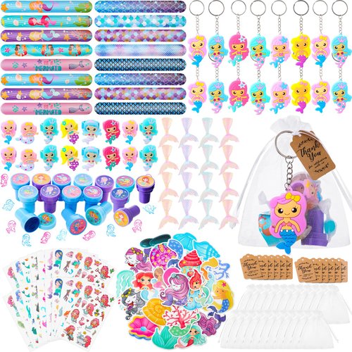 178 Pcs Birthday Party Supplies Dinosaur Party Favors Mermaid Party Favors for 16 Kids with Keychain Sticker Slap Bracelet Tattoo Sticker Gift Bag Tags for Party Carnival Gift Bag Fillers(Mermaid)