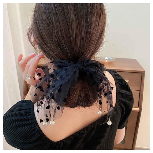 Andelaisi Boho Black Lace Hair Rope Scrunchies Black Silk Chiffon Hair Band Hair Ties Black Elastic Hair Tie Ropes Vintage Pearl Bow Ponytail Scrunchy Hair Ties Hair Holder Accessories for Women