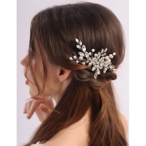 Rumtock Silver Flower Hair Comb for Wedding Brides Women Pearl Hair Jewelry Handmade Hair Accessories