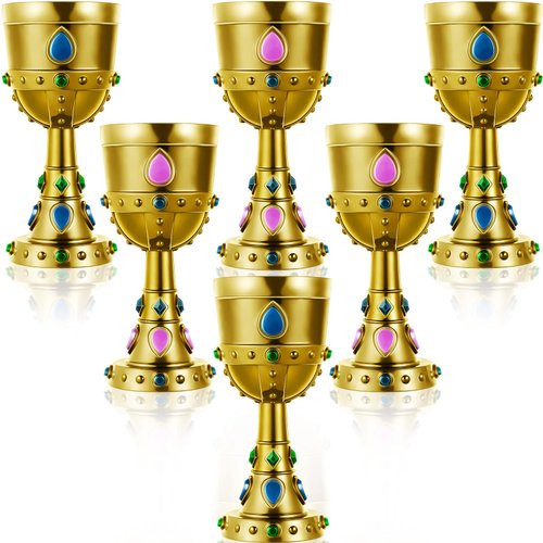 Suclain Medieval Molded Crown Goblets 8 oz Gold Jeweled Goblet Vintage Plastic Goblet King Queen Party Goblets Medieval Party Decorations for Carnival Party Drinking Supplies(6 Pcs)