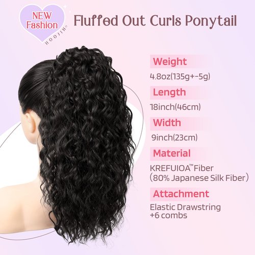 HOOJIH Ponytail Extension for Black Women Curly Wavy Drawstring Ponytail Hair Extensions Extra Fluffy Fake Pony Tail Extension 18 Inch Synthetic Hairpiece for Women Daily Use - Black Brown