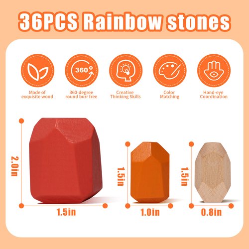 MTTIERY 36PCS Wooden Stacking Rocks Building Blocks,Sensory Preschool Learning Activities Montessori Toys for Toddlers 3 Year Old, Balancing Stones Birthday Gifts for Kids 3-5
