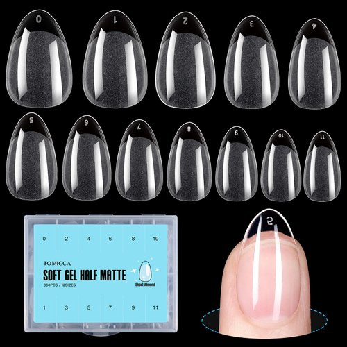 TOMICCA Short Almond Gel Nail Tips, 360Pcs Soft Acrylic Nail Tips for Full Cover Nail Extension Half Matte Pre-shape False Press on Almond Tips for Nail Extension Nail Salon DIY Ideal Gifts 15 Sizes