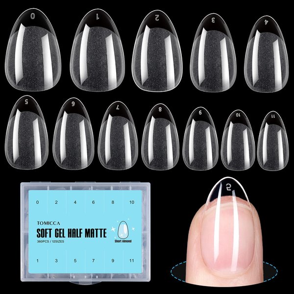 TOMICCA Short Almond Gel Nail Tips, 360Pcs Soft Acrylic Nail Tips for Full Cover Nail Extension Half Matte Pre-shape False Press on Almond Tips for Nail Extension Nail Salon DIY Ideal Gifts 15 Sizes