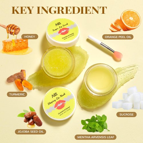 ANAI RUI Lip Care Kit - Lip Sugar Scrub Set, Lip Sleeping Mask & Lip Exfoliator Scrub - Overnight Lip Skin Treatment - Scrub & Moisturizer for Dry Chapped Cracked Peel Lips (Turmeric+Honey)