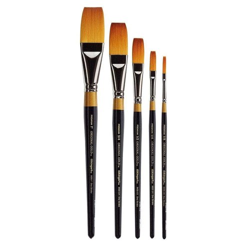 KINGART B-027 Premium 5 pc. Original Gold 9100 Series One Stroke Brush Set, Synthetic Golden Taklon for Acrylic, Oil, Watercolor Paint, Short Handle, 5 Brushes Sizes: 1/8", 1/4", 1/2", 3/4", 1"