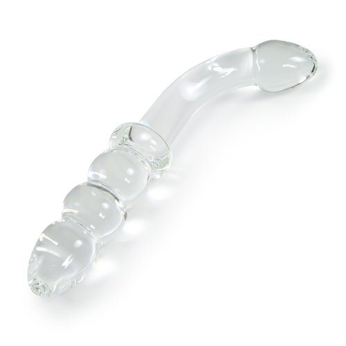 LeLuv Dildo 7.5 inch Bent Clear Glass Wand G-Spot Beads Bundle with Premium Padded Pouch