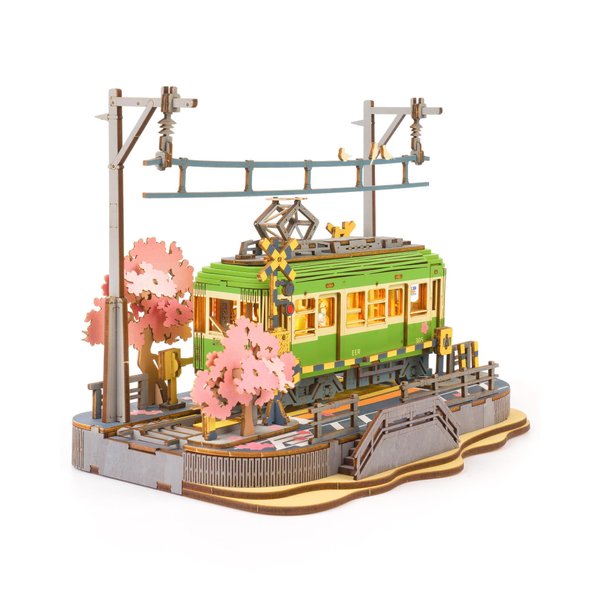 Rolife 3D Wooden Puzzle for Adults, Sakura Journey Tram DIY Model Building Kits with LED Lights, Creative Kids Craft Hobby Gift and Brain Teaser Home Decor Assembly Toy