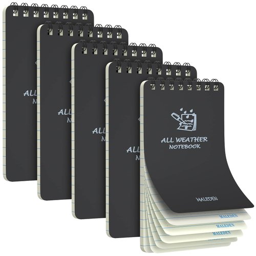 MALEDEN Waterproof Notebook, Spiral Notebook with Thick Graph Paper, 5 Pack Top Bound Pocket Notebook, Durable Cover Notebooks for Work, Outdoor, Memo, Notes, Tactical Steno Pads, 3" x 5", Black
