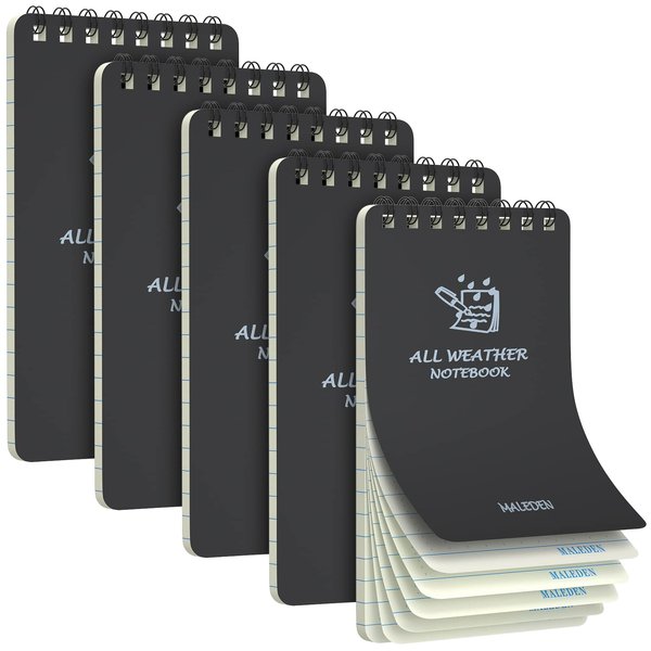 MALEDEN Waterproof Notebook, Spiral Notebook with Thick Graph Paper, 5 Pack Top Bound Pocket Notebook, Durable Cover Notebooks for Work, Outdoor, Memo, Notes, Tactical Steno Pads, 3" x 5", Black
