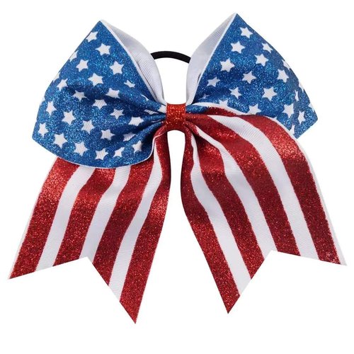 New "GLITTER AMERICAN FLAG" Cheer Hair Bow Pony Tail 7 Inch Cheerleading Practice Football Games Uniform Hairbow 4th of July Patriotic Stars & Stripes Grosgrain Ribbon