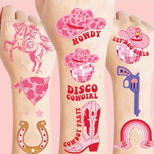 Pink Cowgirl Temporary Tattoo, Disco Cowgirl Temporary Tattoos Stickers Western Horse Rodeo Birthday Party Supplies for Bachelorette Birthday Y2K Cowgirl Party Supplies