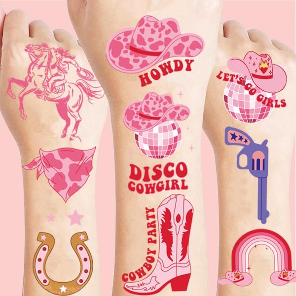 Pink Cowgirl Temporary Tattoo, Disco Cowgirl Temporary Tattoos Stickers Western Horse Rodeo Birthday Party Supplies for Bachelorette Birthday Y2K Cowgirl Party Supplies