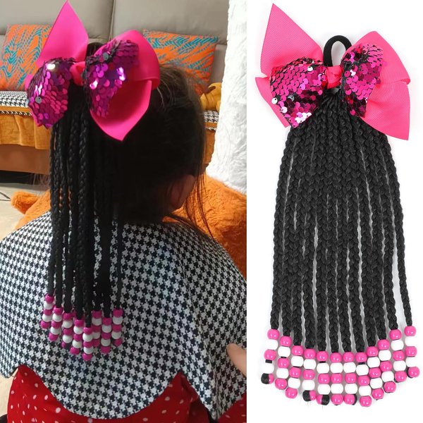 Kids Ponytail Beads Extension Kids Hair Extensions For Girls Beads Braids Hair Extensions Clip For Kiddies Pony Beads (Rose Red&White, Box Braids-9 Inch)