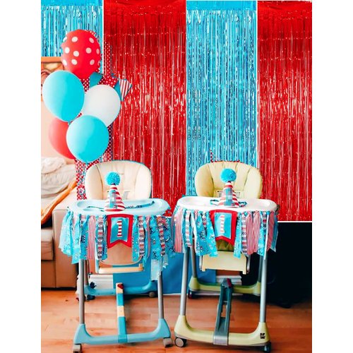Dr Cat in The Hat Birthday Party Decorations/Thing 1 Thing 2 Party Decorations Dr. Baby Shower Decorations/Nurse Graduation Deorations/Blue Red Fringe Foil Curtains 4pcs